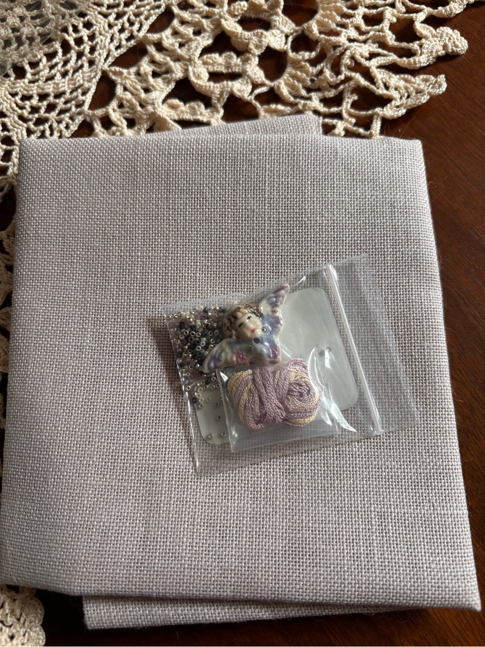 Just Nan Angel Tapestry supply kit charm, beads, thread, linen